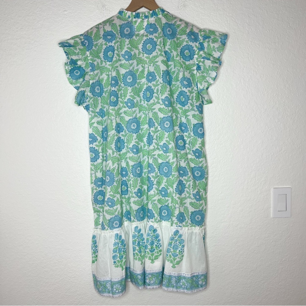 Isla Payal Blue Green Floral Dress Ruffle Flutter Sleeve Cotton size XL - Picture 3 of 6